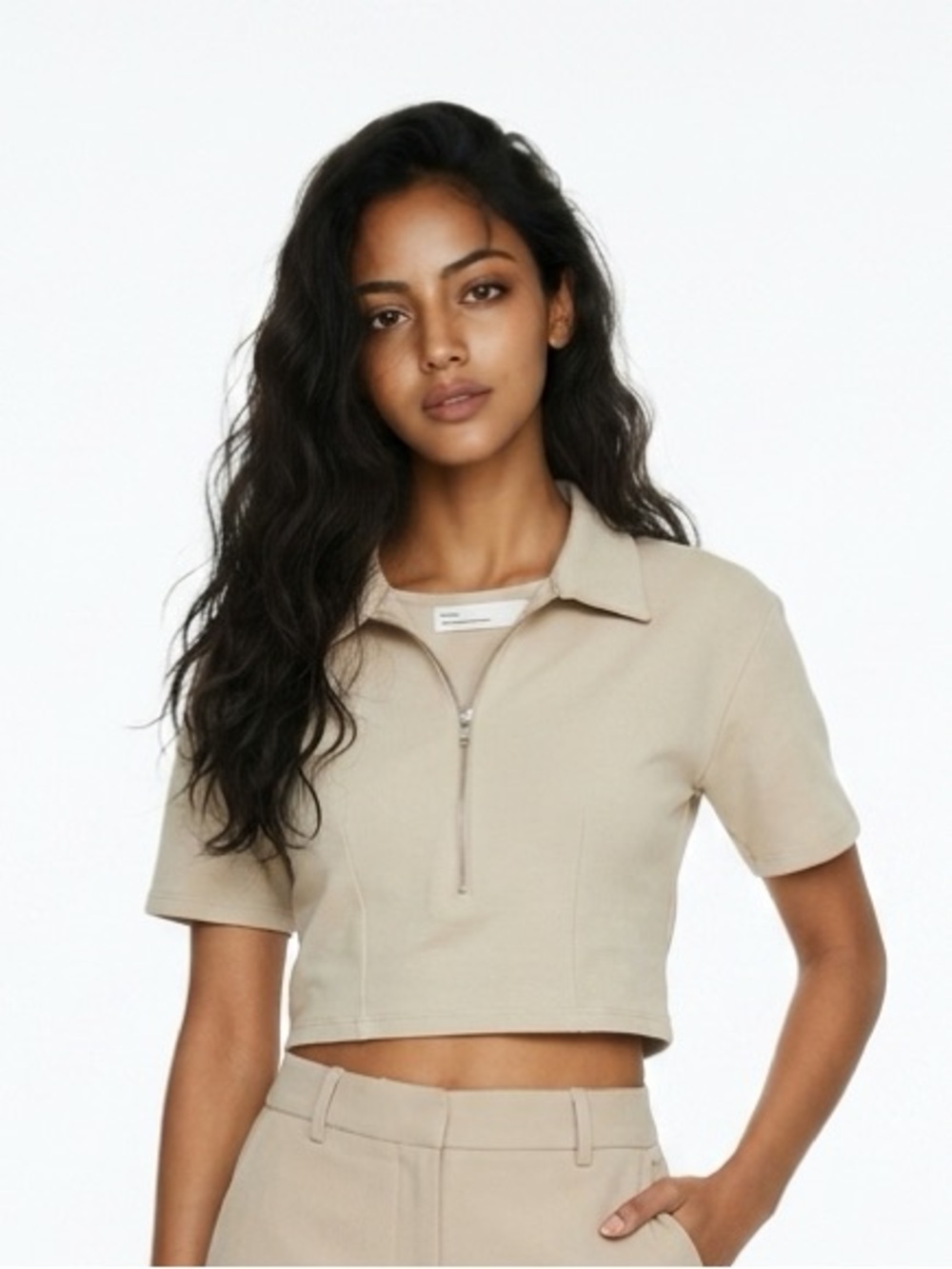 OAK + FORT Cropped Half Zip Athleisure Yoga Shirt Beige Minimalist  Medium 205